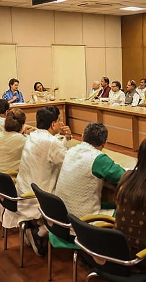 Congress AICC General Secretary and Congress Uttar Pradesh in-charge Priyanka Gandhi chairs a review meeting after party's debacle in recent Uttar Pradesh Assembly elections in New Delhi, March 15, 2022. Photo: PTI
